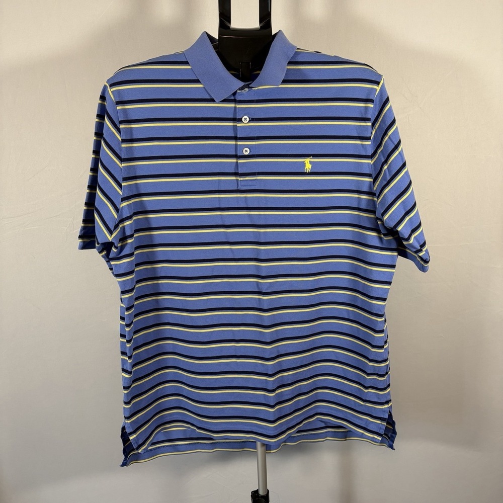 Polo Golf Large Mens Ralph Lauren Pima Cotton Blue Yellow Stripe Shirt Preppy